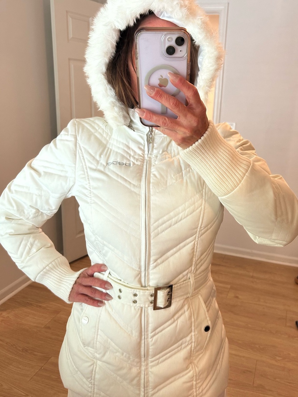 Bebe White Quilted Hooded Puffer Coat with belt